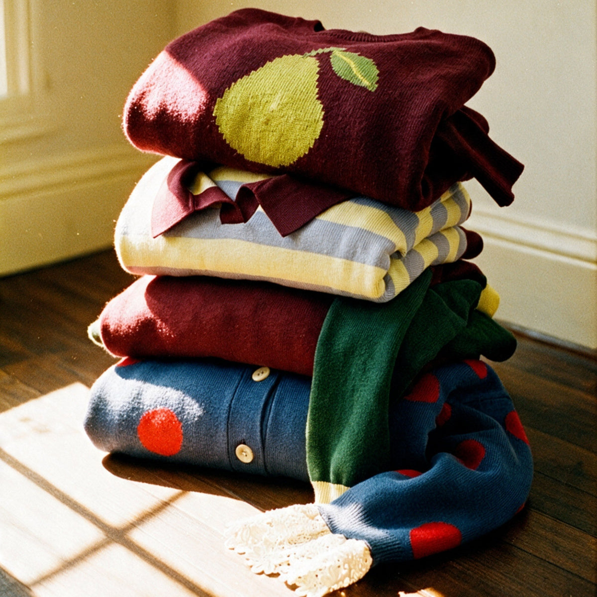 A stack of Lavender Lobster Storybook knitwear on a wooden floor in afternoon sun, with the blue and red polka dot Dottie Cardigan and its vintage lace cuff at the bottom