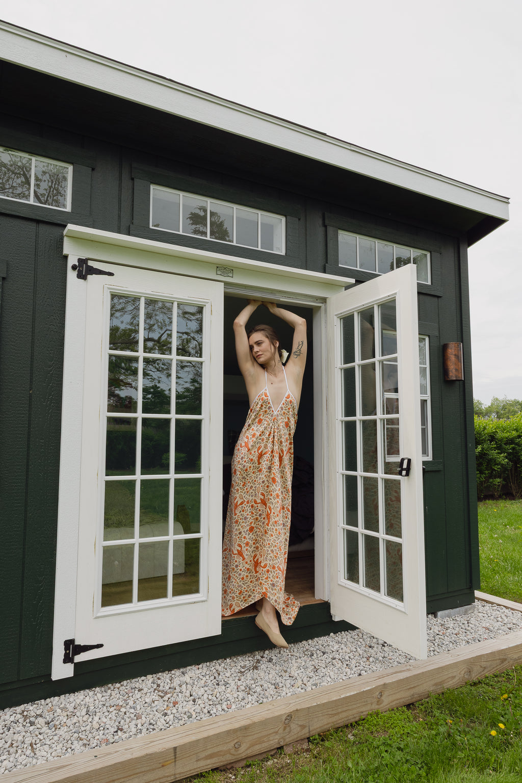 The Lobster Serve Dress in 100% silk with a tennis print, additional angle