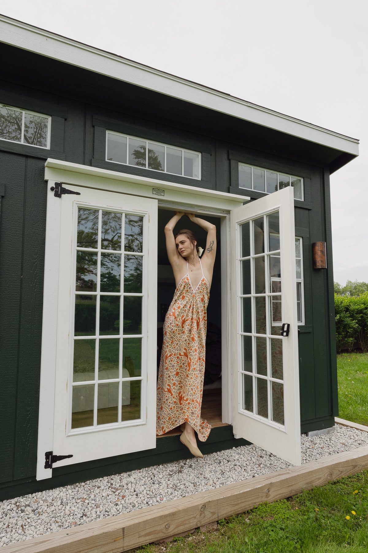 The Lobster Serve Dress in 100% silk with a tennis print, additional angle