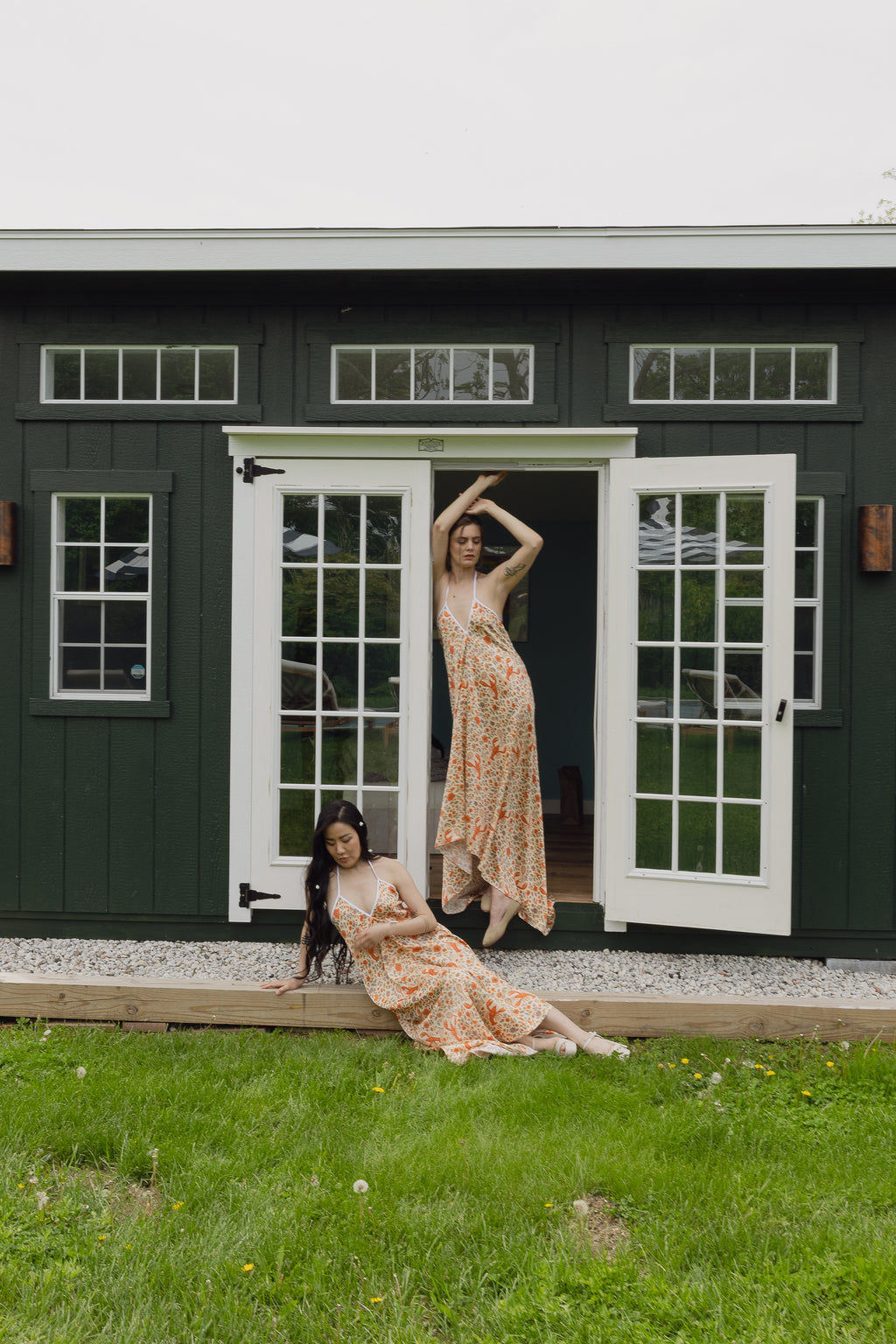 The Lobster Serve Dress in 100% silk with a tennis print, styled in studio