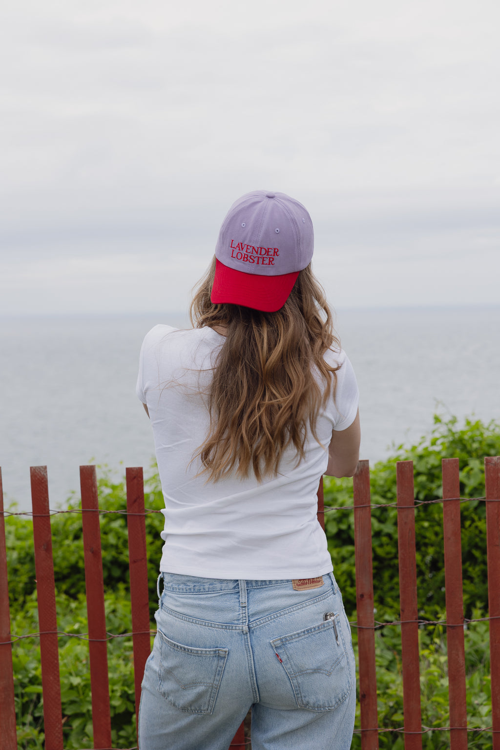 The Lobster Crew Cap in lavender and red 100% cotton, additional angle