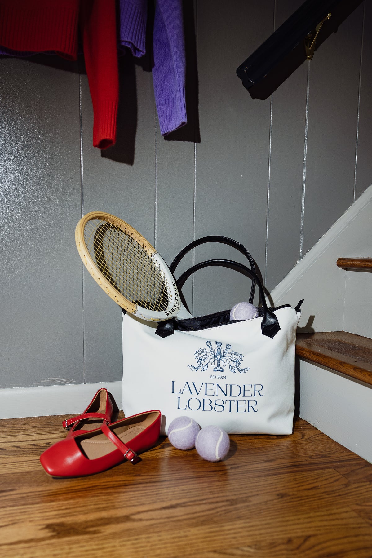 The Lobster Boat Tote in woven canvas with crest embroidery, front view