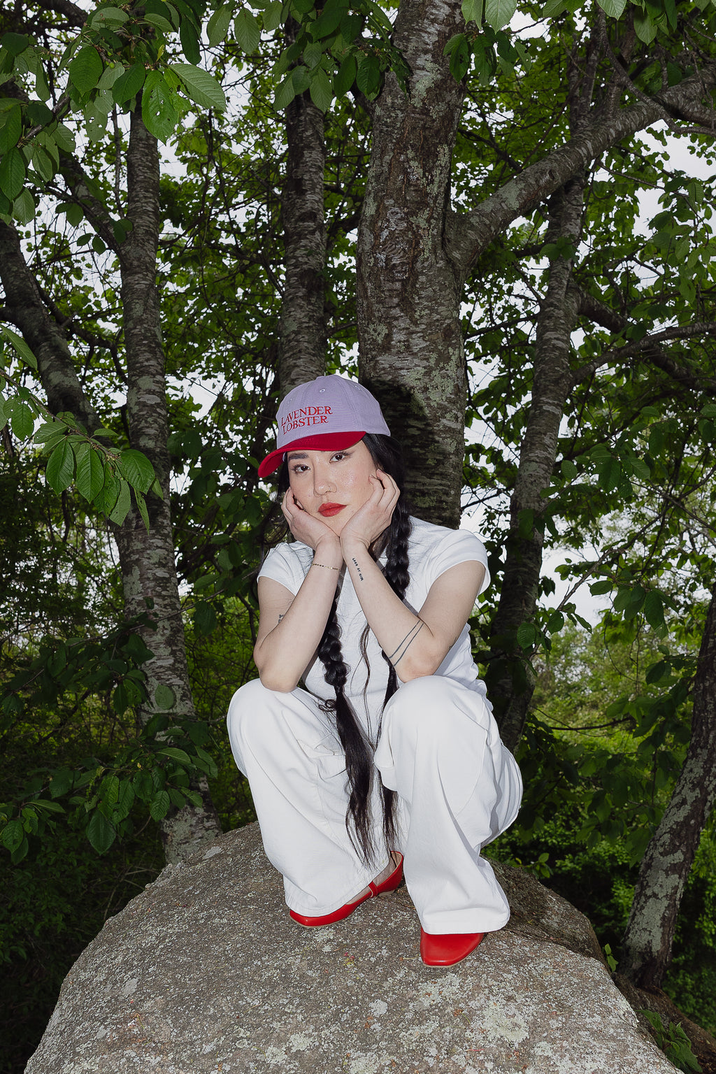 The Lobster Crew Cap in lavender and red 100% cotton, back view