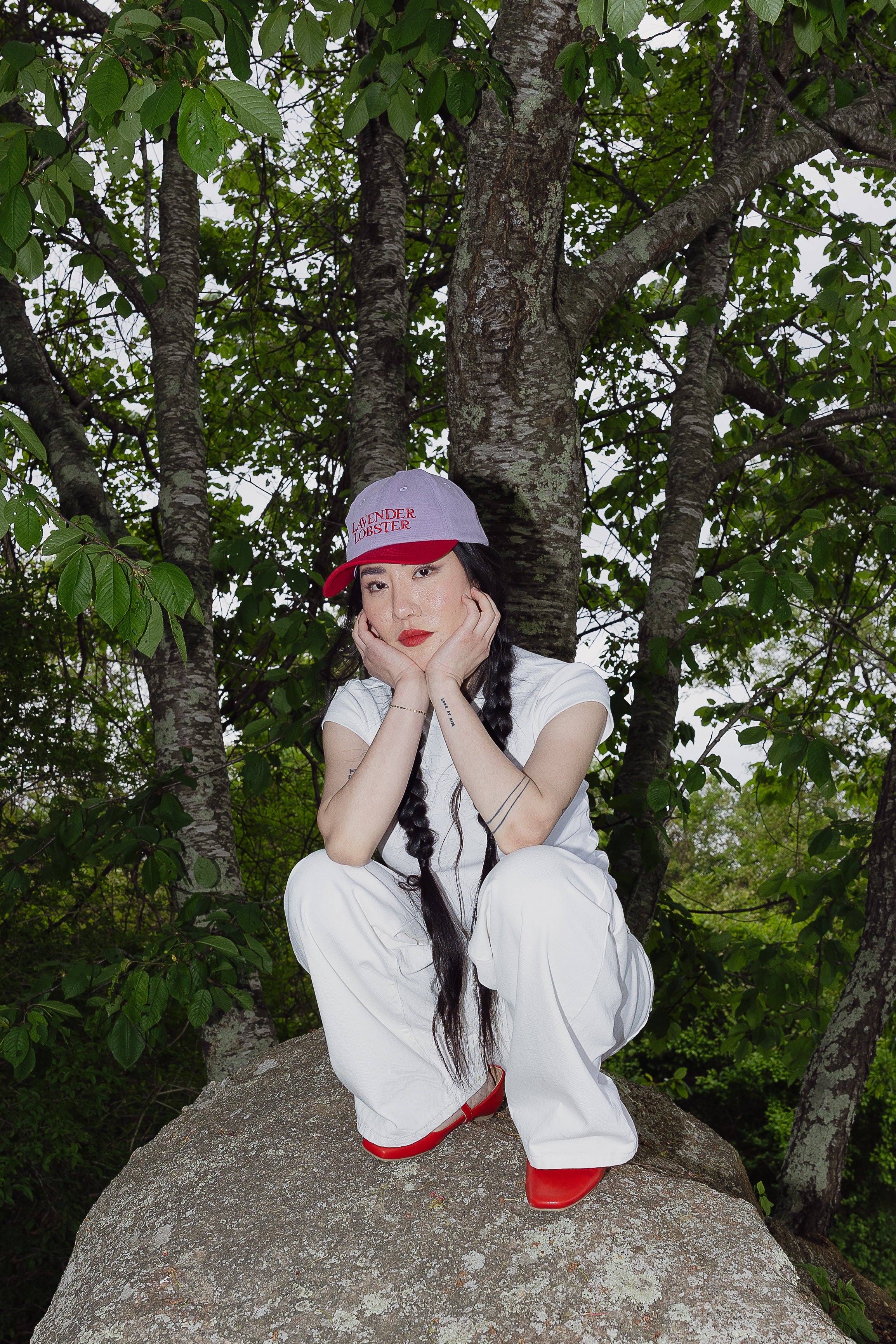 The Lobster Crew Cap in lavender and red 100% cotton, back view