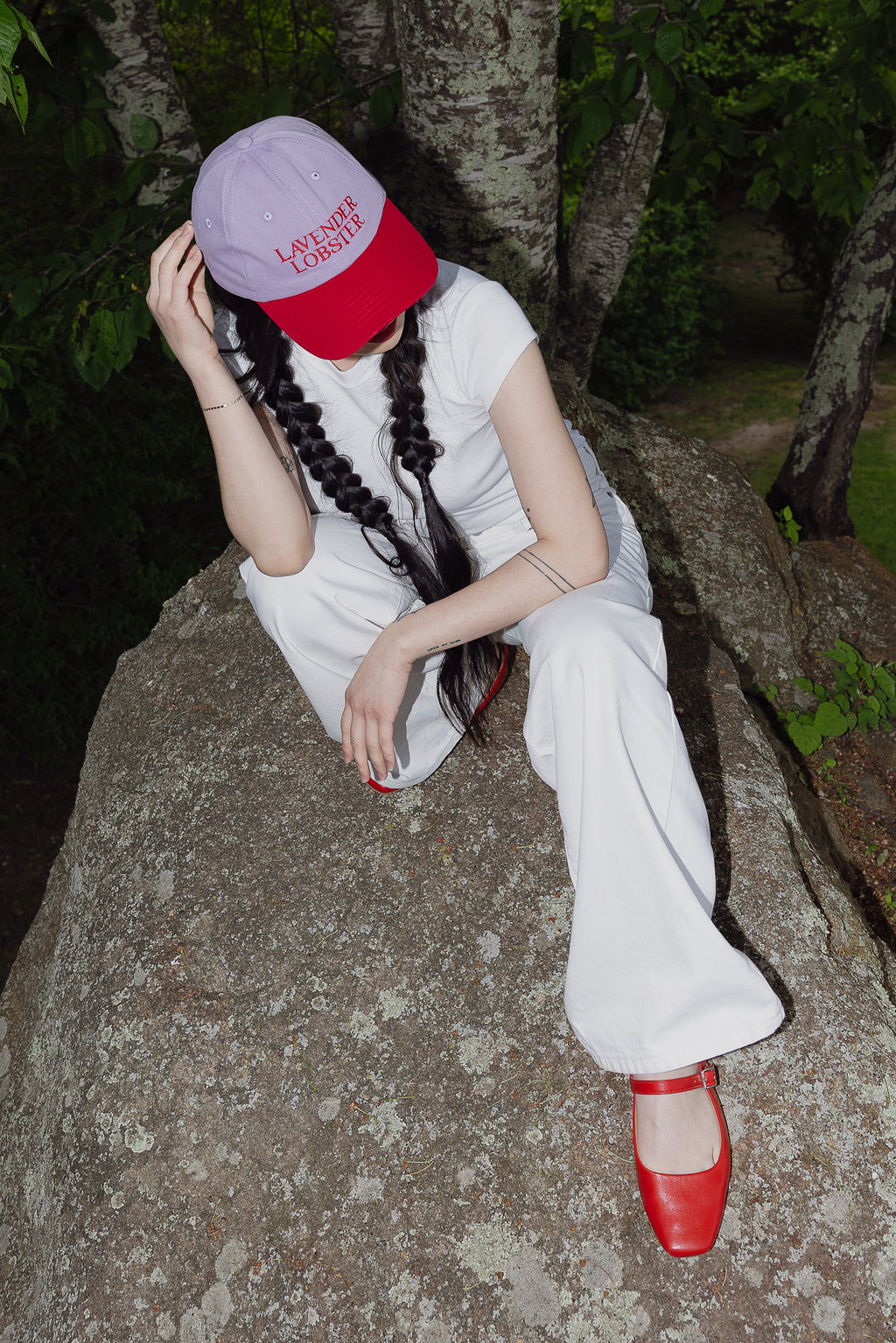 The Lobster Crew Cap in lavender and red 100% cotton, front view