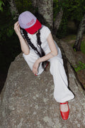 The Lobster Crew Cap in lavender and red 100% cotton, front view