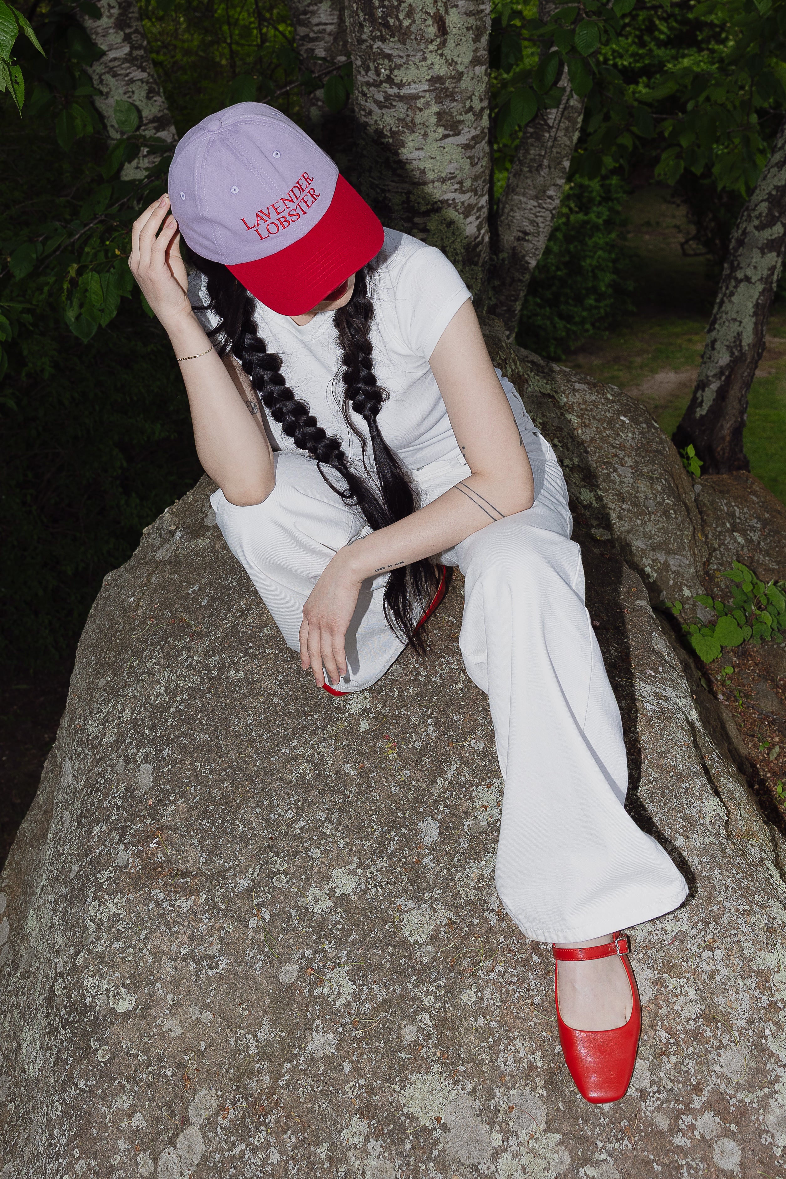 The Lobster Crew Cap in lavender and red 100% cotton, front view