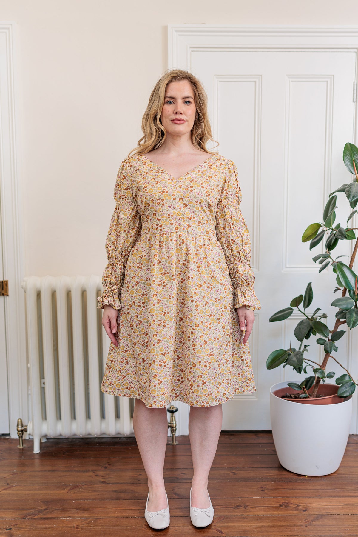 The Garden Society Dress in cotton poplin floral print, front view
