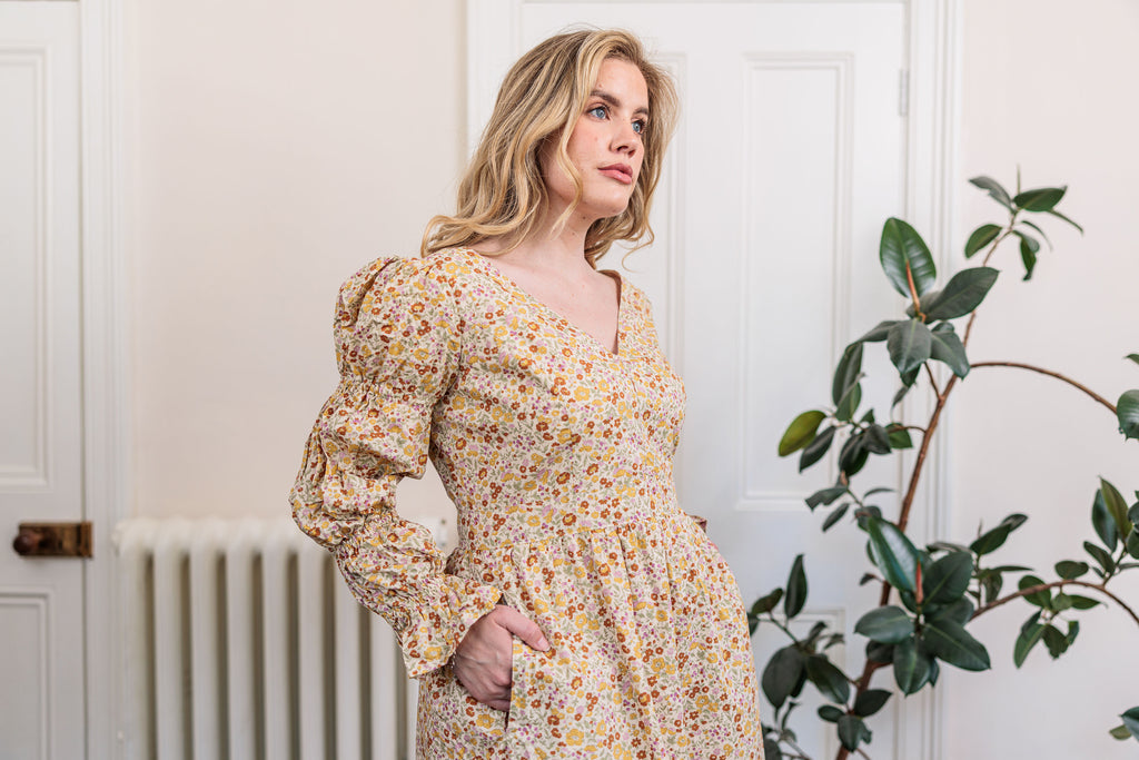 The Garden Society Dress in cotton poplin floral print, close-up detail