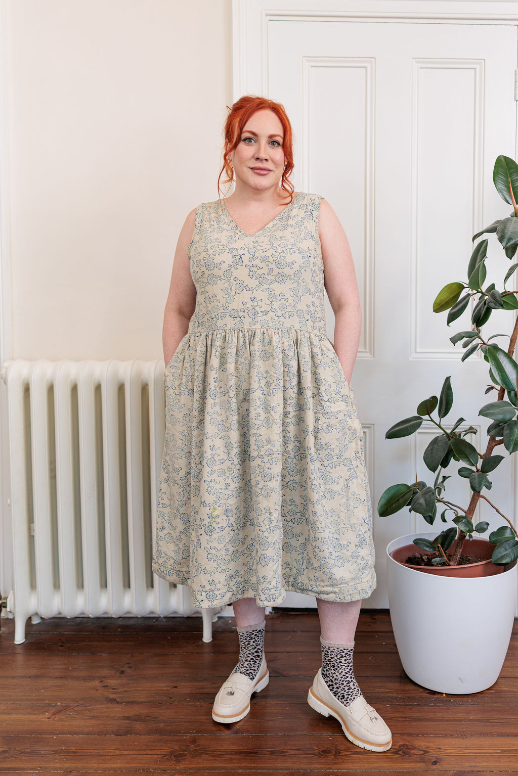 The Ledger Dress in hand block printed indigo floral kala cotton, front view