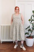 The Ledger Dress in hand block printed indigo floral kala cotton, front view