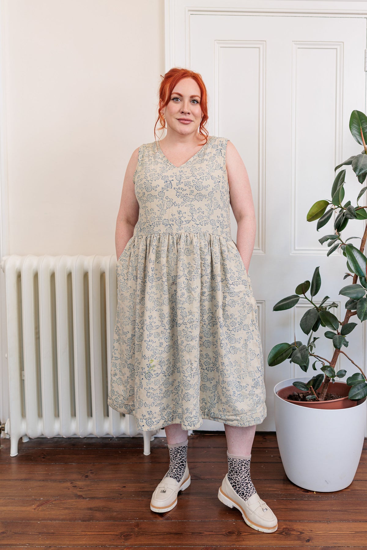 The Ledger Dress in hand block printed indigo floral kala cotton, front view