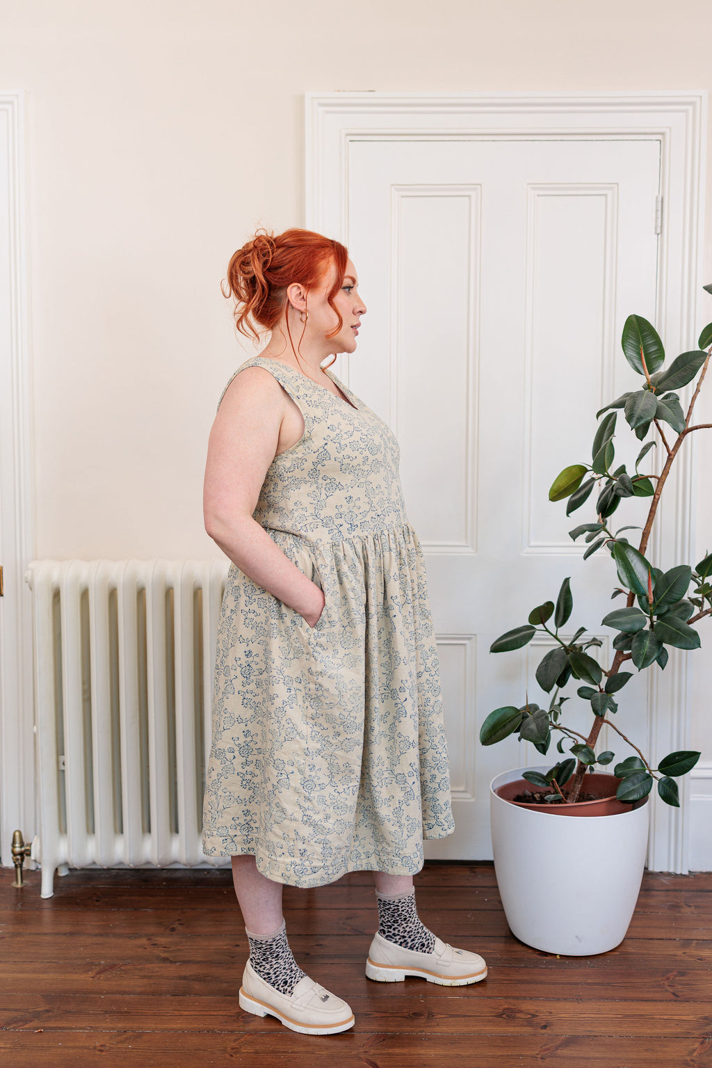 The Ledger Dress in hand block printed indigo floral kala cotton, styled shot