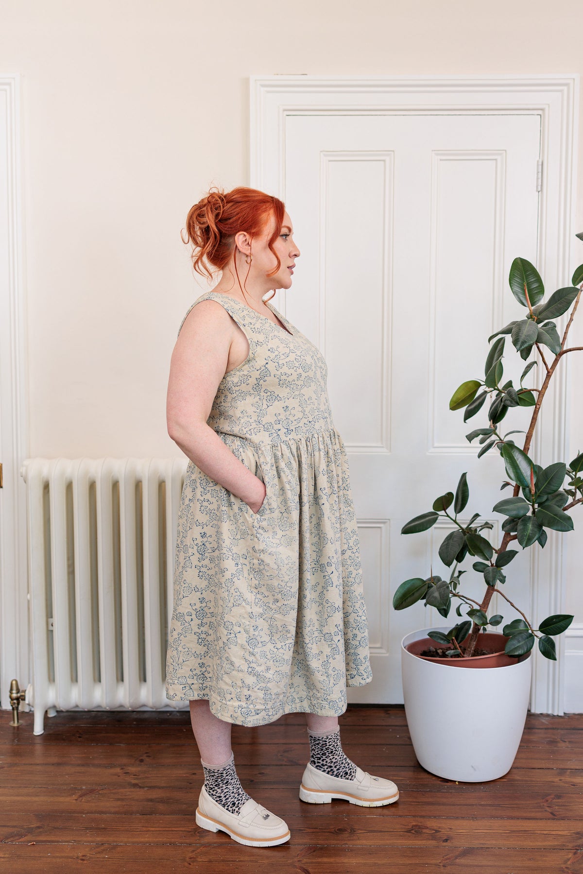 The Ledger Dress in hand block printed indigo floral kala cotton, styled shot