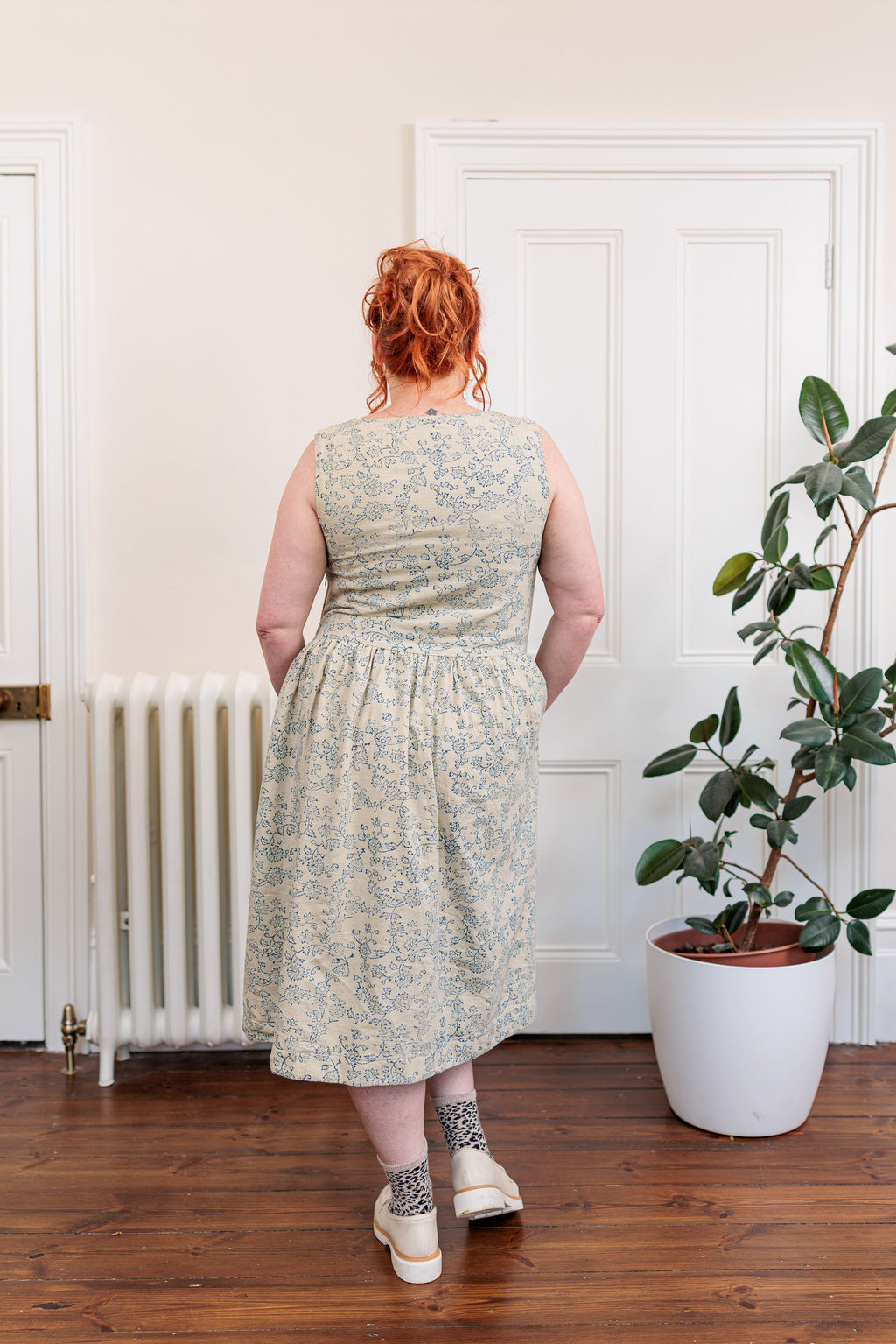 The Ledger Dress in hand block printed indigo floral kala cotton, detail view