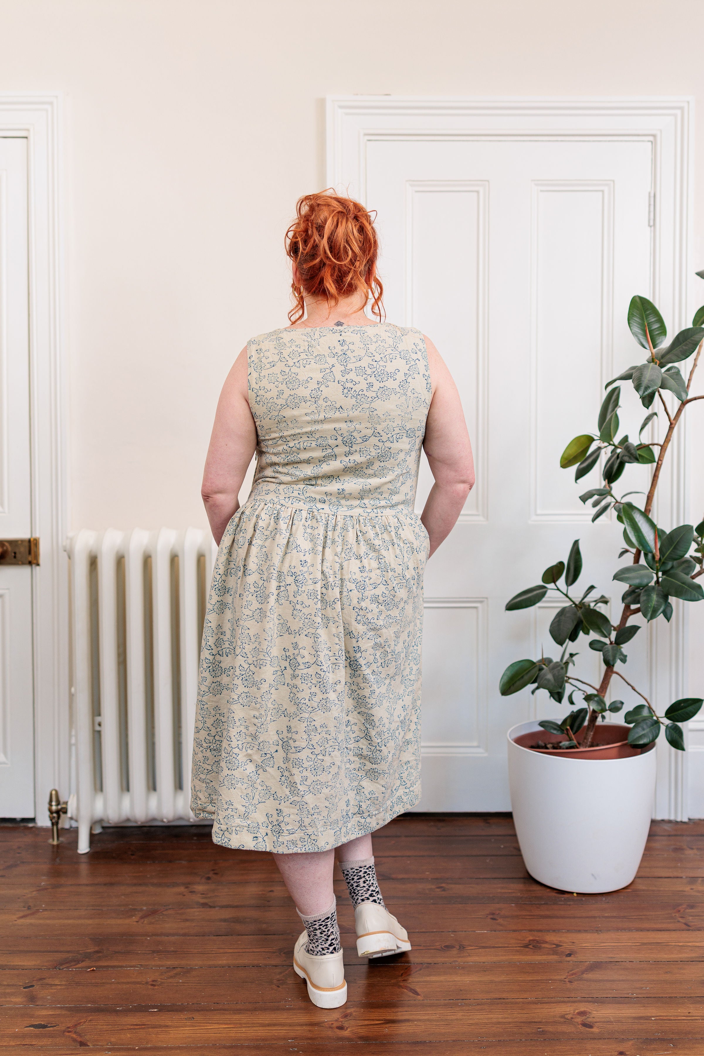 The Ledger Dress in hand block printed indigo floral kala cotton, detail view