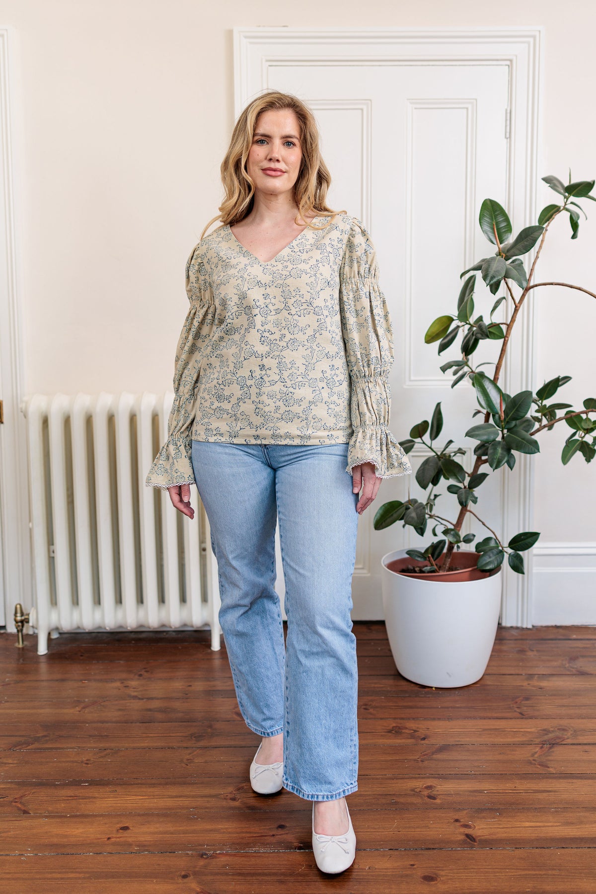 The Ledger Top in hand block printed indigo floral kala cotton, styled shot