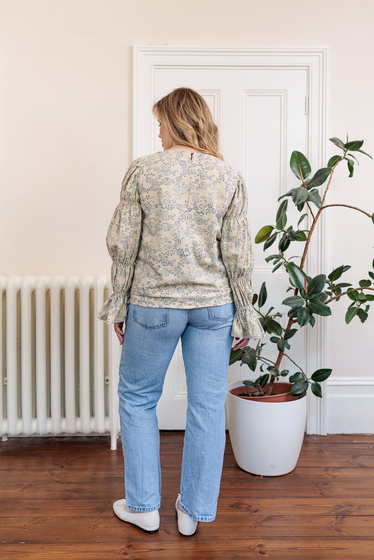 The Ledger Top in hand block printed indigo floral kala cotton, back view