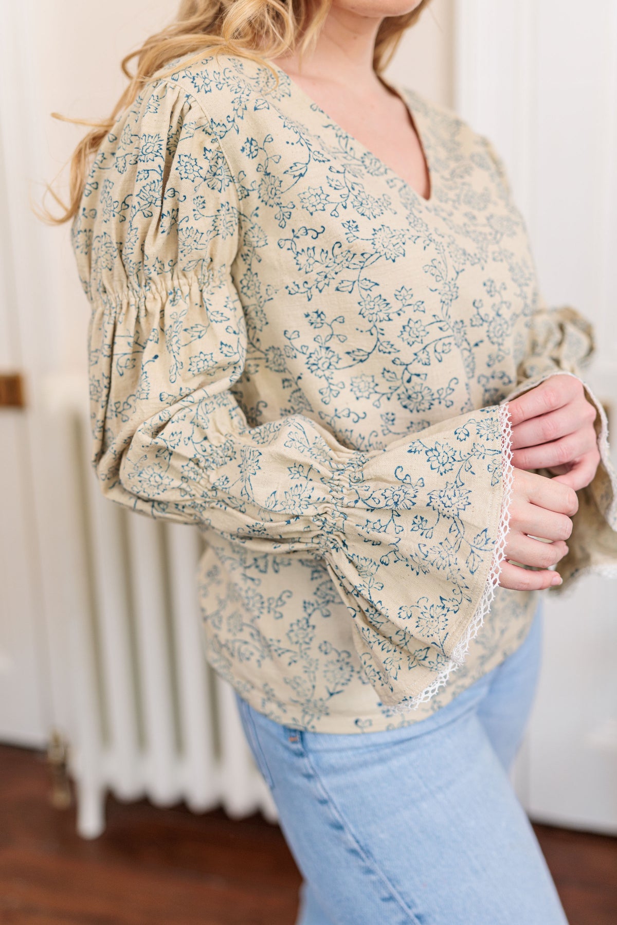 The Ledger Top in hand block printed indigo floral kala cotton, close-up detail