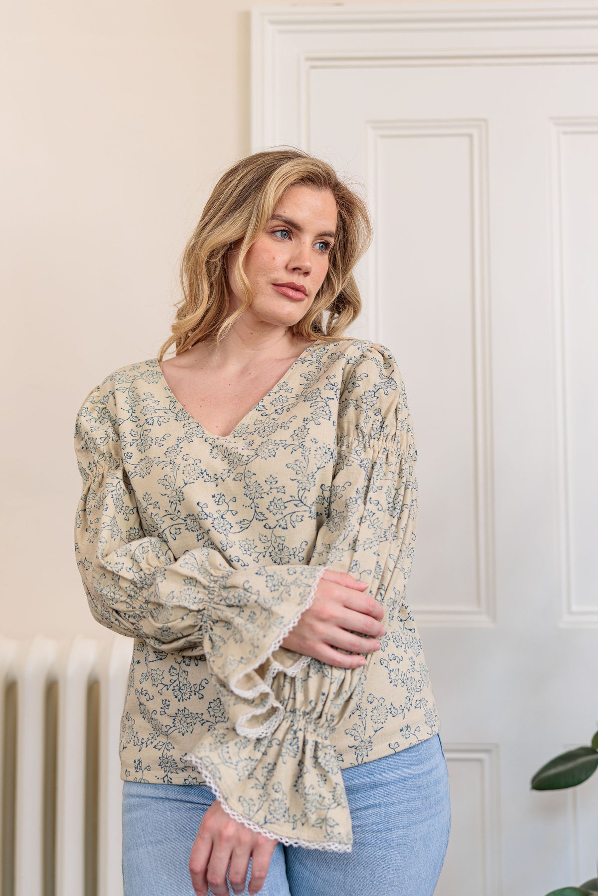 The Ledger Top in hand block printed indigo floral kala cotton, front view