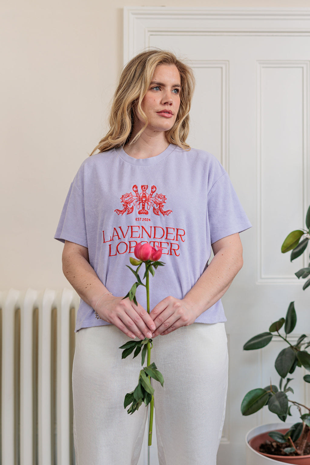 The Clubhouse Tee in organic combed cotton towelling with crest embroidery, detail view