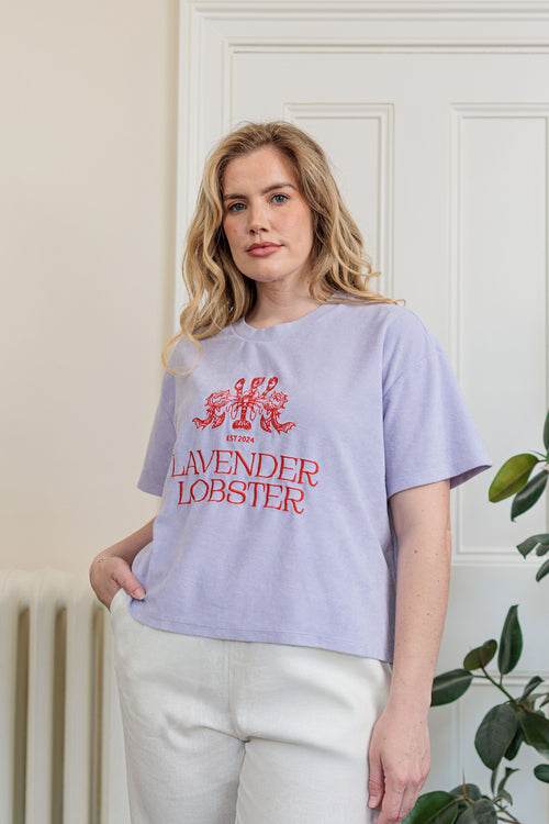The Clubhouse Tee in organic combed cotton towelling with crest embroidery, front view