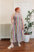 The Regatta Dress in handloomed cotton chambray stripe, front view