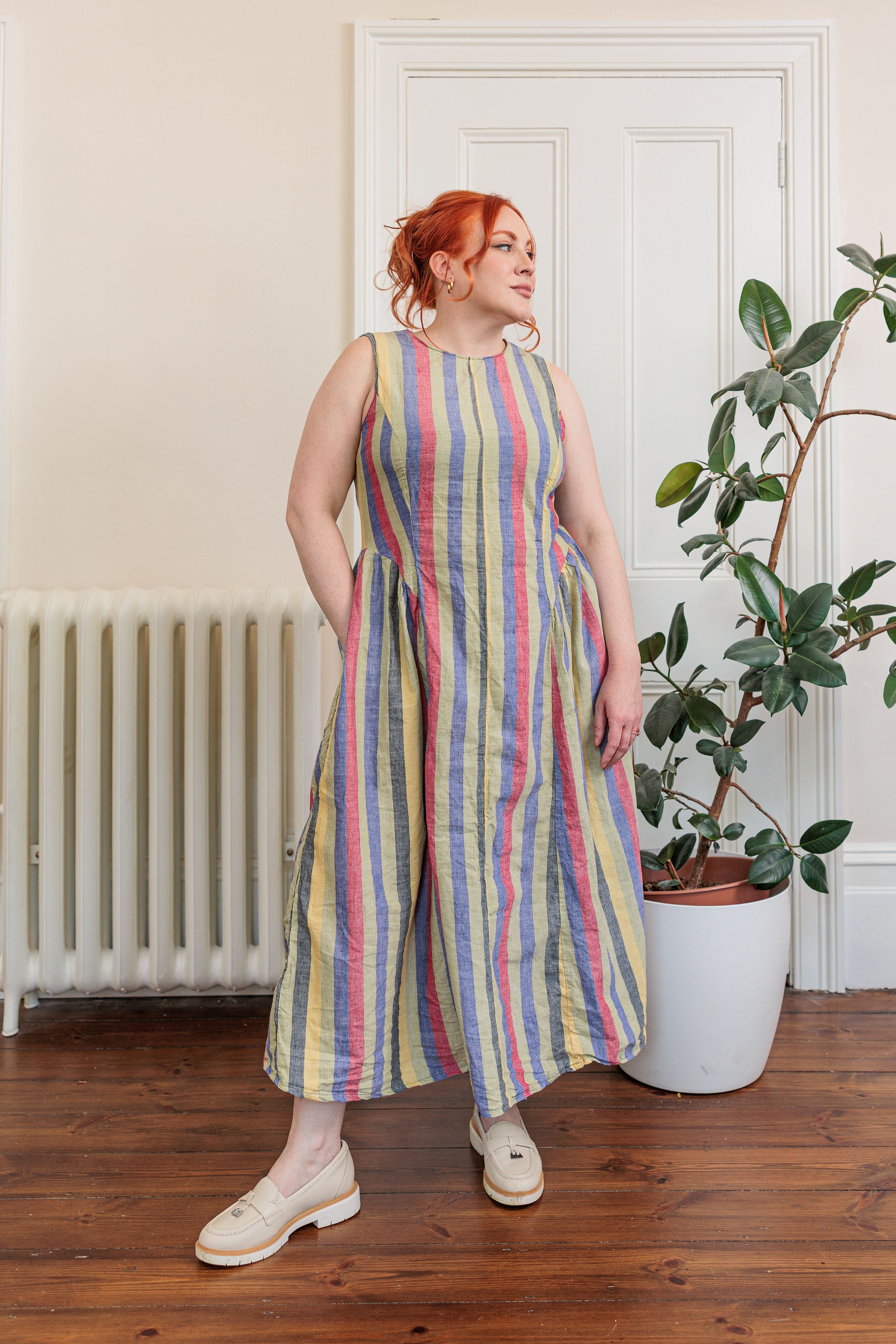 The Regatta Dress in handloomed cotton chambray stripe, front view