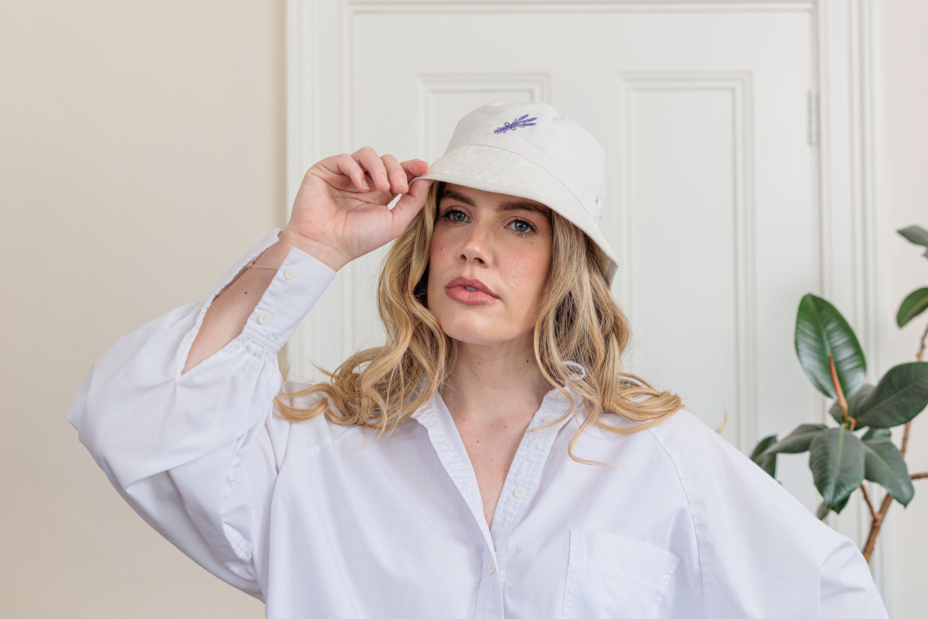 The Lavender Bouquet Bucket Hat with embroidered lavender bouquet detail, detail view