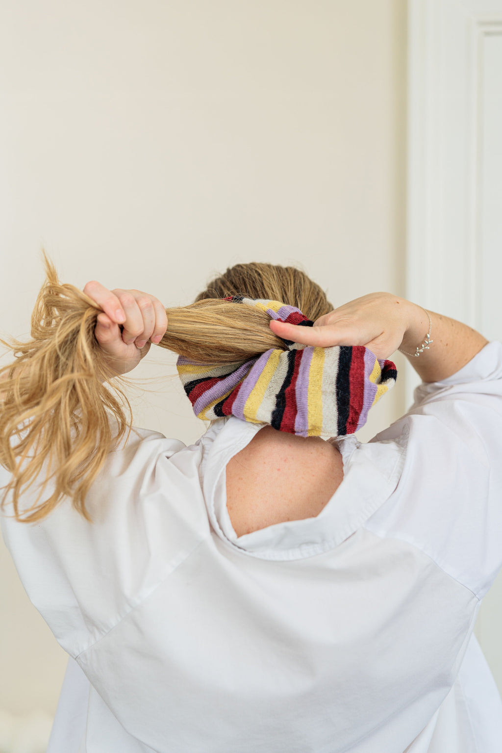 Somerset Stripe Scrunchie in organic British alpaca wool, worn shot