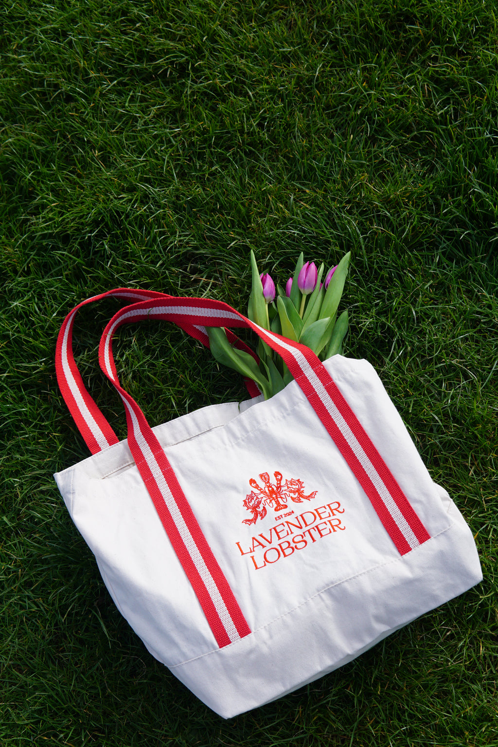 The Harbour Bag in organic cotton with striped webbing handles and crest embroidery, additional angle