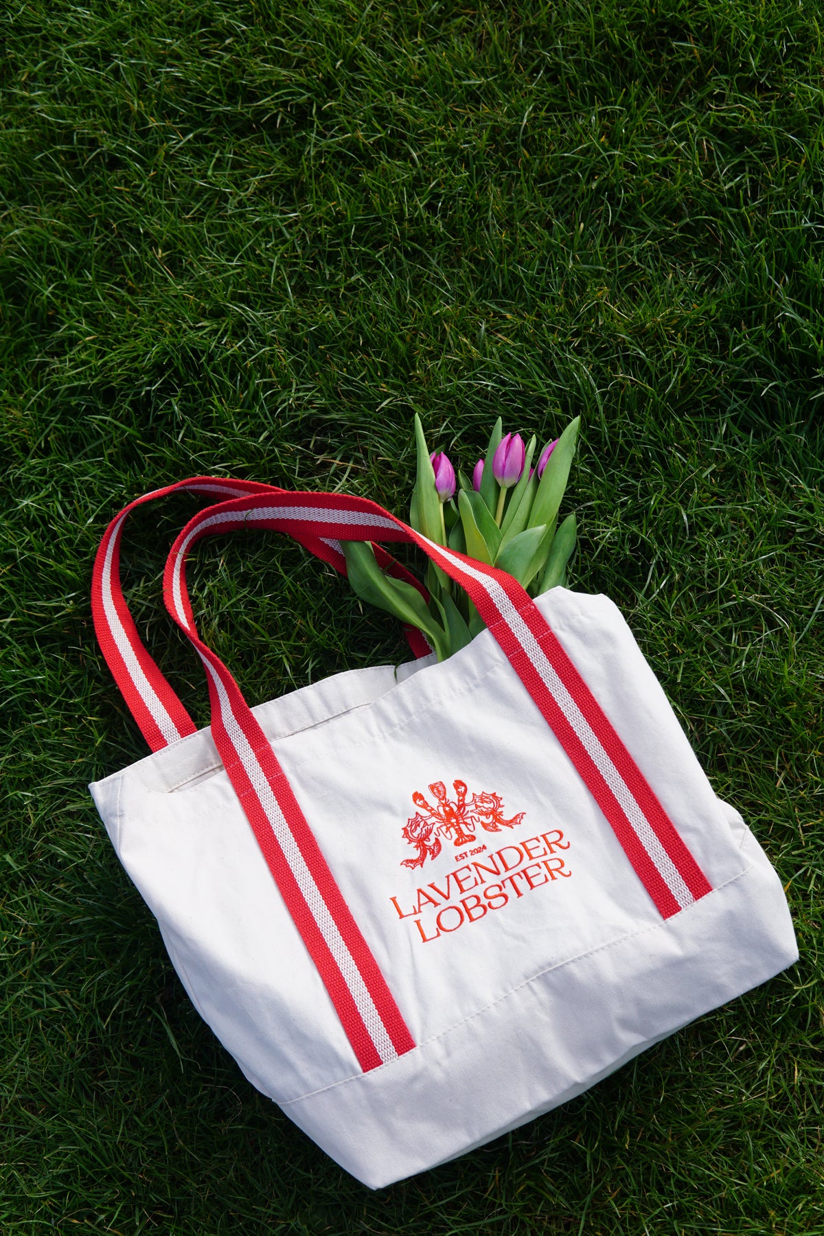 The Harbour Bag in organic cotton with striped webbing handles and crest embroidery, additional angle