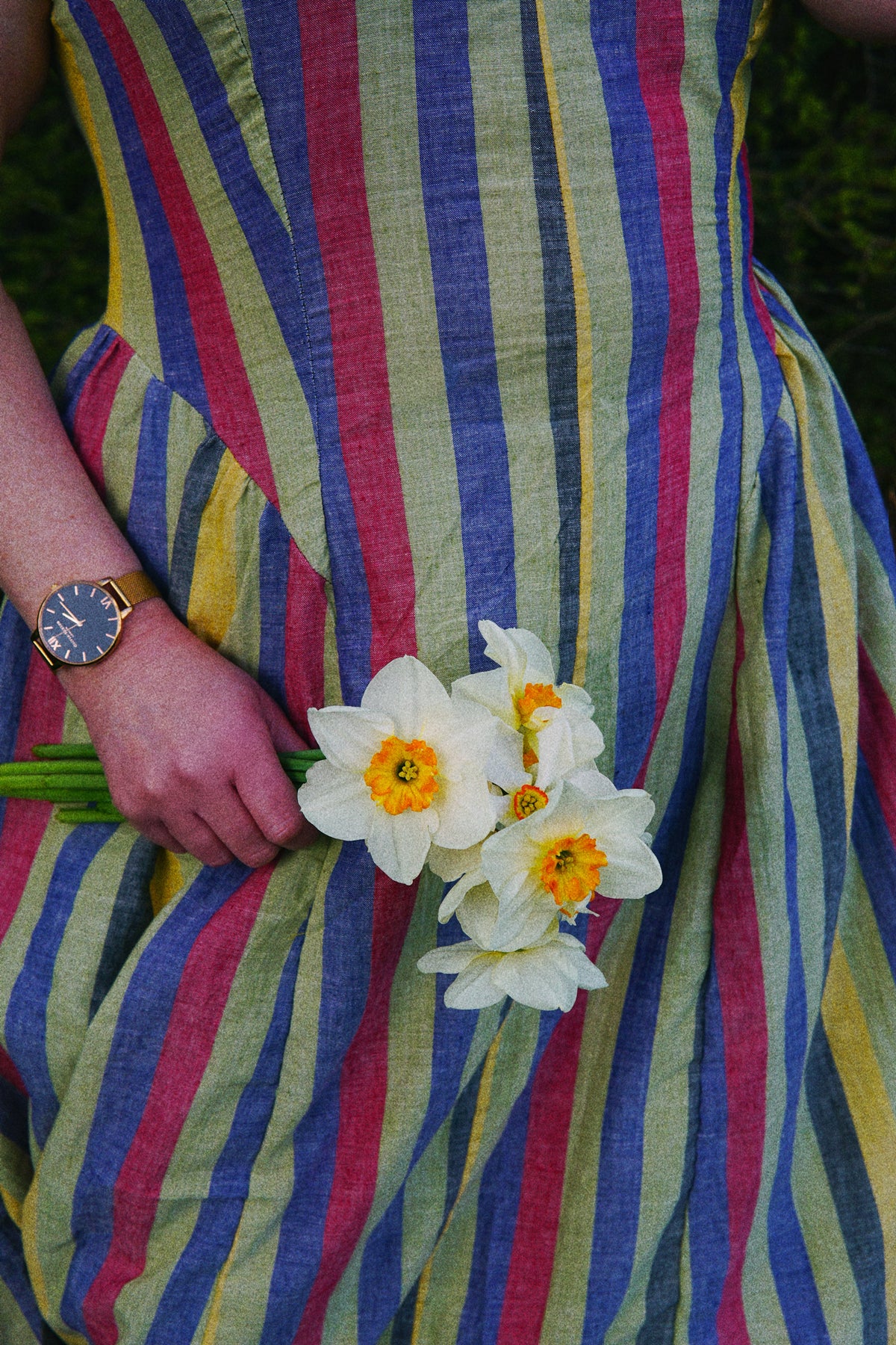 The Regatta Dress in handloomed cotton chambray stripe, detail view