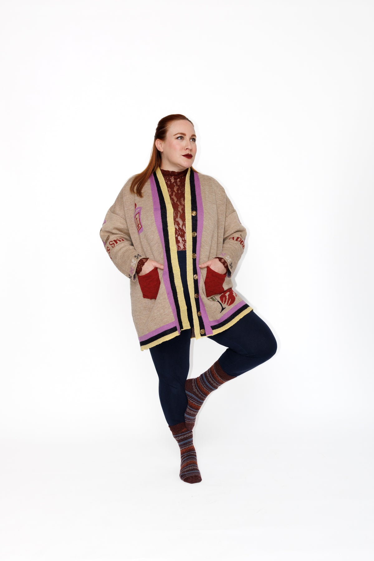 The Apres Ski Cardigan in British alpaca, worn outdoors