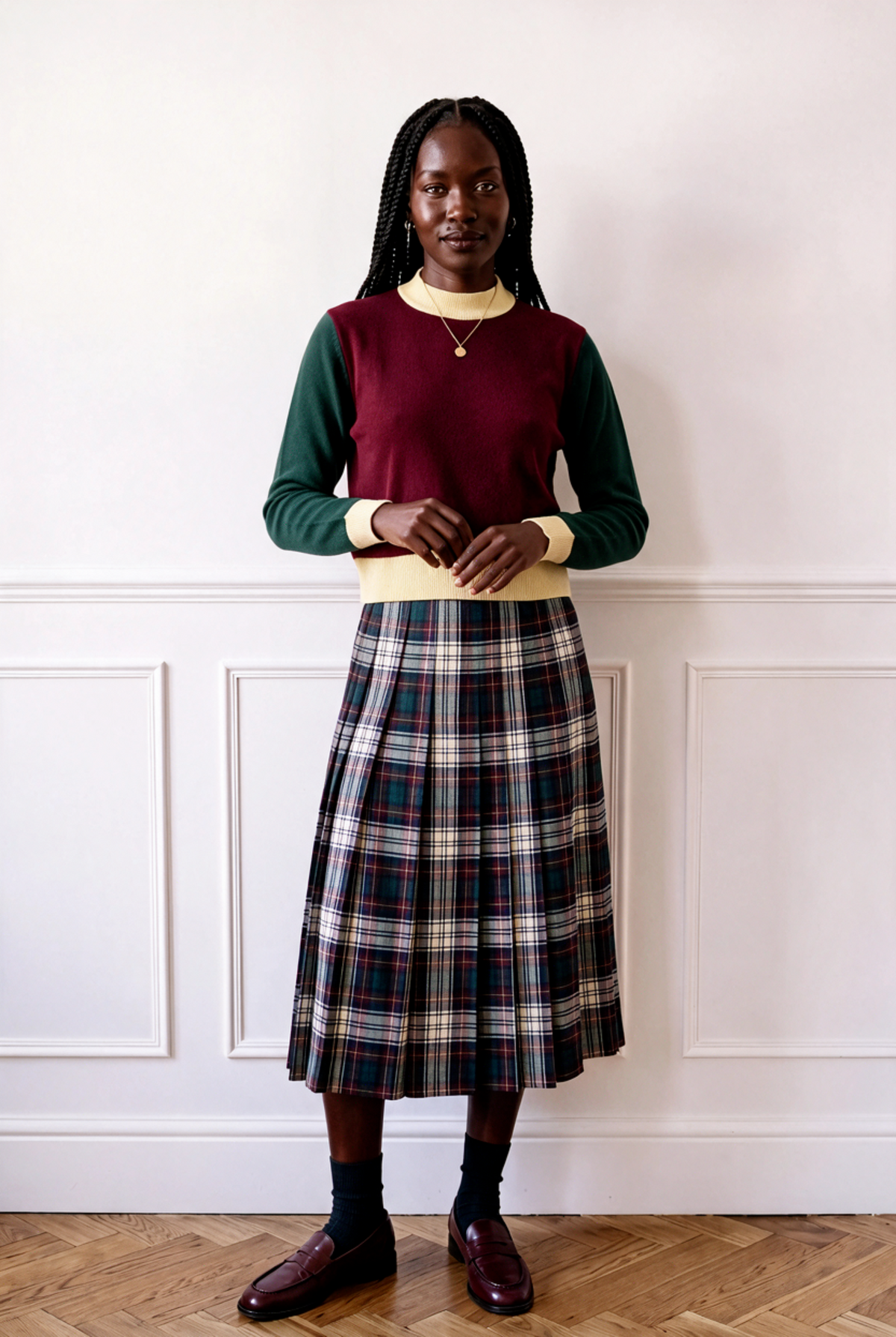A woman stands indoors against a white paneled wall wearing a sleeveless burgundy sweater vest over a dark green long-sleeve top, with a cream hem, and a pleated plaid skirt in navy, green, cream, and red tones. She is wearing dark socks and burgundy loafers.